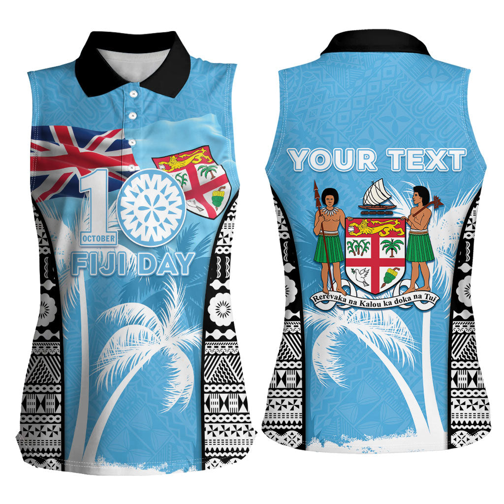 Personalised Fiji Day 2026 Women Sleeveless Polo Shirt Masi Tapa Pattern With Palm Tree LT05 - Polynesian Pride