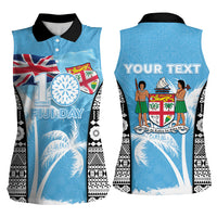 Personalised Fiji Day 2026 Women Sleeveless Polo Shirt Masi Tapa Pattern With Palm Tree LT05 - Polynesian Pride