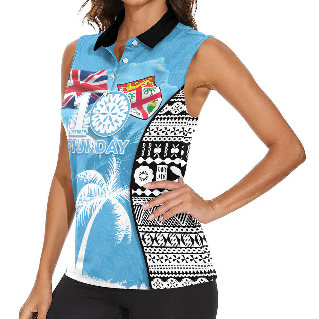 Personalised Fiji Day 2026 Women Sleeveless Polo Shirt Masi Tapa Pattern With Palm Tree LT05 - Polynesian Pride