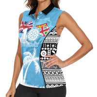 Personalised Fiji Day 2026 Women Sleeveless Polo Shirt Masi Tapa Pattern With Palm Tree LT05 - Polynesian Pride
