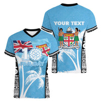 Personalised Fiji Day 2026 Women V-Neck T-Shirt Masi Tapa Pattern With Palm Tree LT05 - Polynesian Pride