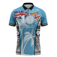 Personalised Fiji Day 2026 Zipper Polo Shirt Masi Tapa Pattern With Palm Tree LT05 Blue - Polynesian Pride