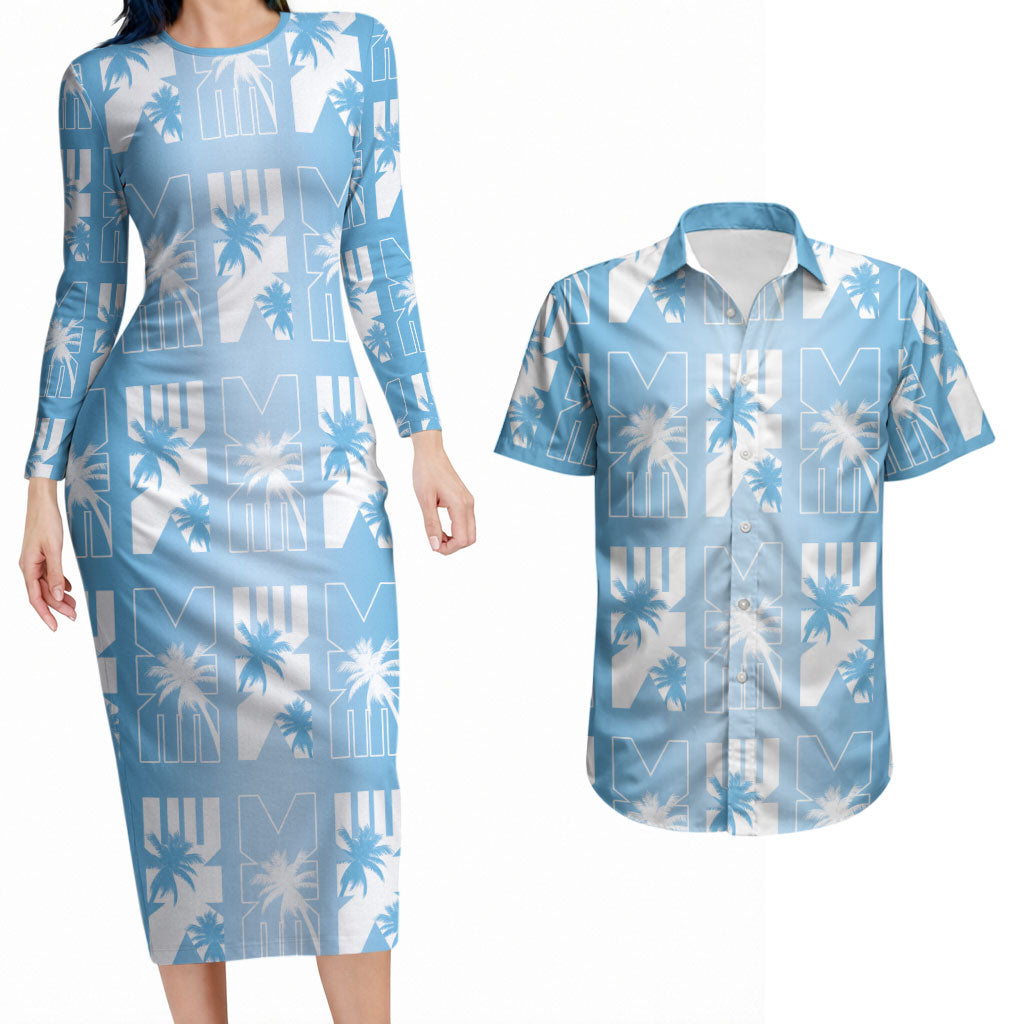 Bula Fiji Couples Matching Long Sleeve Bodycon Dress and Hawaiian Shirt Blue Makare Masi Tapa Pattern LT05 Blue - Polynesian Pride