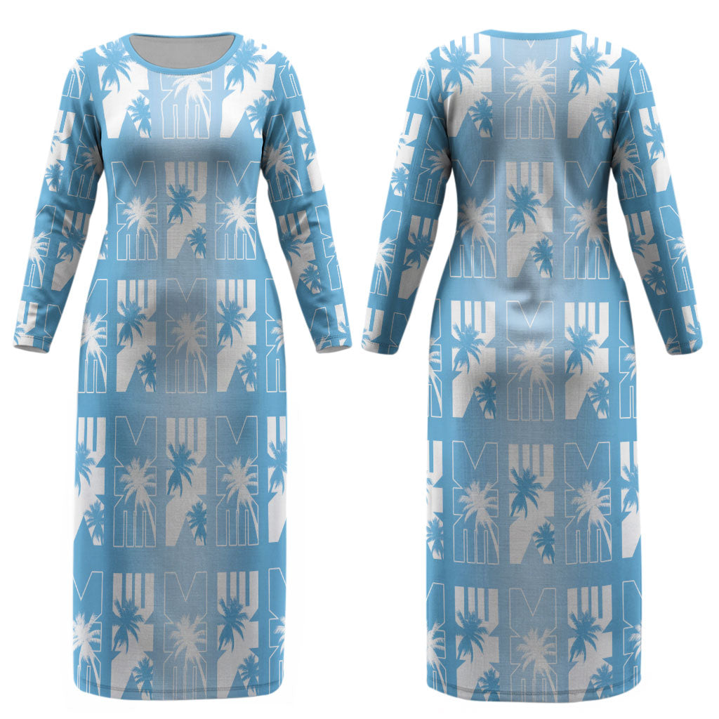 Bula Fiji Couples Matching Long Sleeve Bodycon Dress and Hawaiian Shirt Blue Makare Masi Tapa Pattern LT05 - Polynesian Pride