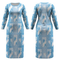 Bula Fiji Couples Matching Long Sleeve Bodycon Dress and Hawaiian Shirt Blue Makare Masi Tapa Pattern LT05 - Polynesian Pride