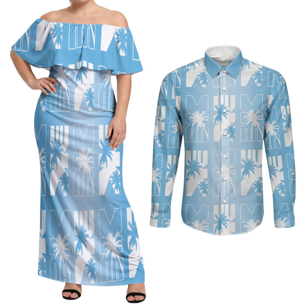 Bula Fiji Couples Matching Off Shoulder Maxi Dress and Long Sleeve Button Shirt Blue Makare Masi Tapa Pattern LT05 Blue - Polynesian Pride