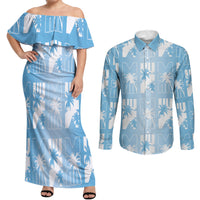 Bula Fiji Couples Matching Off Shoulder Maxi Dress and Long Sleeve Button Shirt Blue Makare Masi Tapa Pattern LT05 Blue - Polynesian Pride