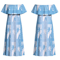 Bula Fiji Couples Matching Off Shoulder Maxi Dress and Long Sleeve Button Shirt Blue Makare Masi Tapa Pattern LT05 - Polynesian Pride
