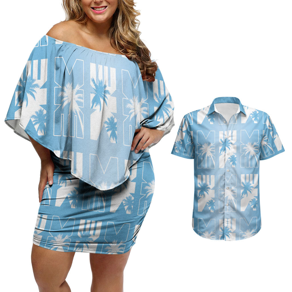 Bula Fiji Couples Matching Off Shoulder Short Dress and Hawaiian Shirt Blue Makare Masi Tapa Pattern LT05 Blue - Polynesian Pride