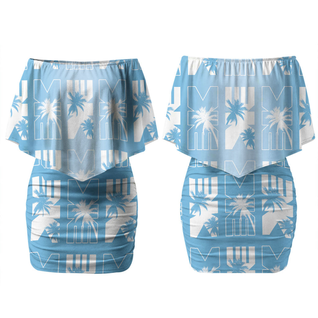 Bula Fiji Couples Matching Off Shoulder Short Dress and Hawaiian Shirt Blue Makare Masi Tapa Pattern LT05 - Polynesian Pride