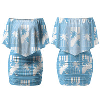 Bula Fiji Couples Matching Off Shoulder Short Dress and Hawaiian Shirt Blue Makare Masi Tapa Pattern LT05 - Polynesian Pride
