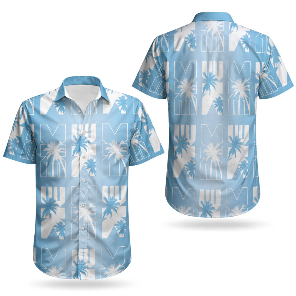 Bula Fiji Couples Matching Off Shoulder Short Dress and Hawaiian Shirt Blue Makare Masi Tapa Pattern LT05 - Polynesian Pride
