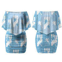 Bula Fiji Couples Matching Off Shoulder Short Dress and Long Sleeve Button Shirt Blue Makare Masi Tapa Pattern LT05 - Polynesian Pride
