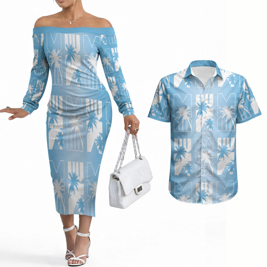 Bula Fiji Couples Matching Off The Shoulder Long Sleeve Dress and Hawaiian Shirt Blue Makare Masi Tapa Pattern LT05 Blue - Polynesian Pride