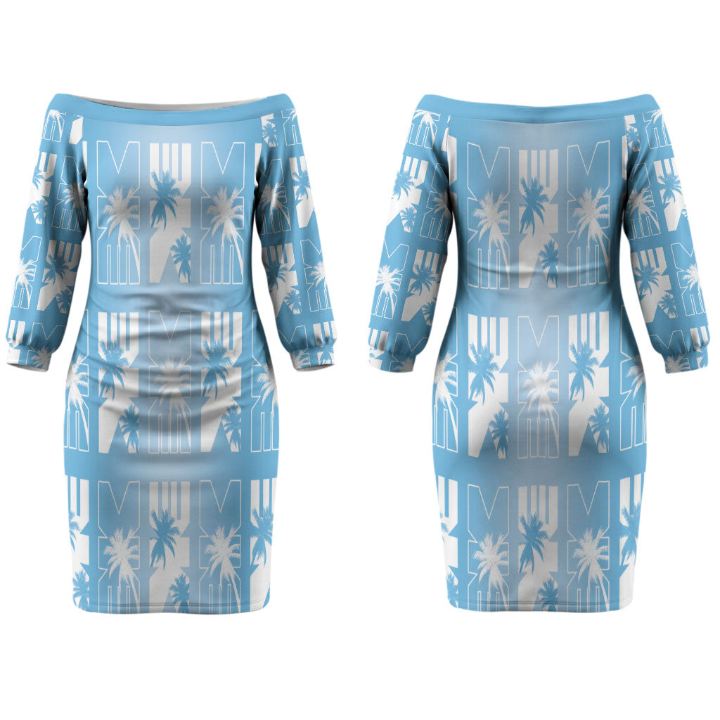 Bula Fiji Couples Matching Off The Shoulder Long Sleeve Dress and Hawaiian Shirt Blue Makare Masi Tapa Pattern LT05 - Polynesian Pride