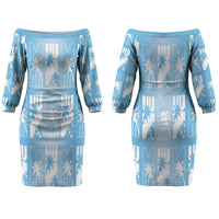 Bula Fiji Couples Matching Off The Shoulder Long Sleeve Dress and Long Sleeve Button Shirt Blue Makare Masi Tapa Pattern LT05 - Polynesian Pride