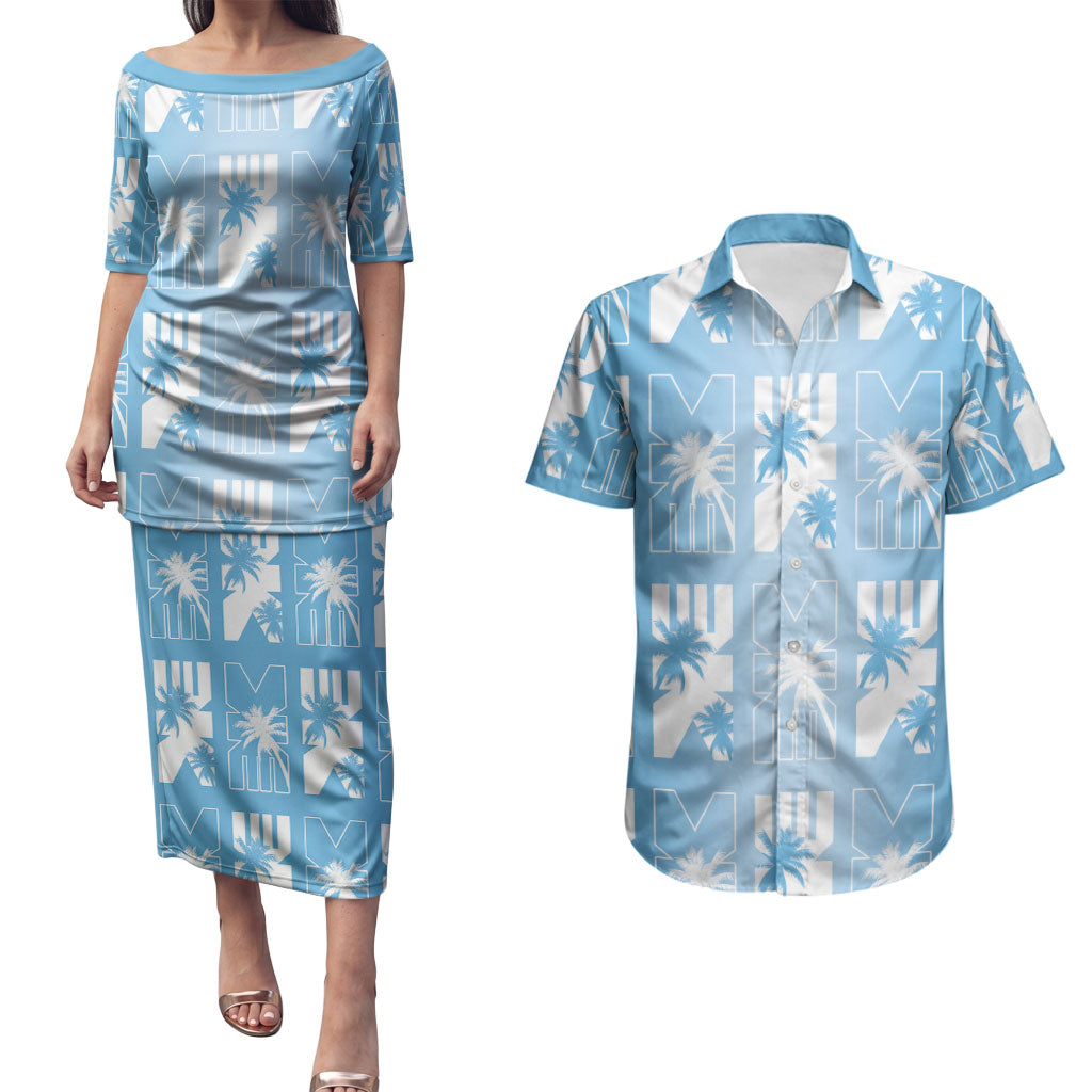 Bula Fiji Couples Matching Puletasi and Hawaiian Shirt Blue Makare Masi Tapa Pattern LT05 Blue - Polynesian Pride