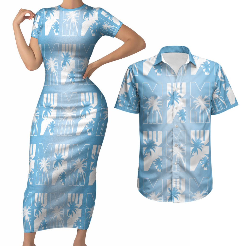 Bula Fiji Couples Matching Short Sleeve Bodycon Dress and Hawaiian Shirt Blue Makare Masi Tapa Pattern LT05 Blue - Polynesian Pride