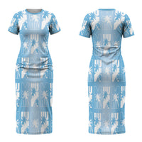 Bula Fiji Couples Matching Short Sleeve Bodycon Dress and Hawaiian Shirt Blue Makare Masi Tapa Pattern LT05 - Polynesian Pride
