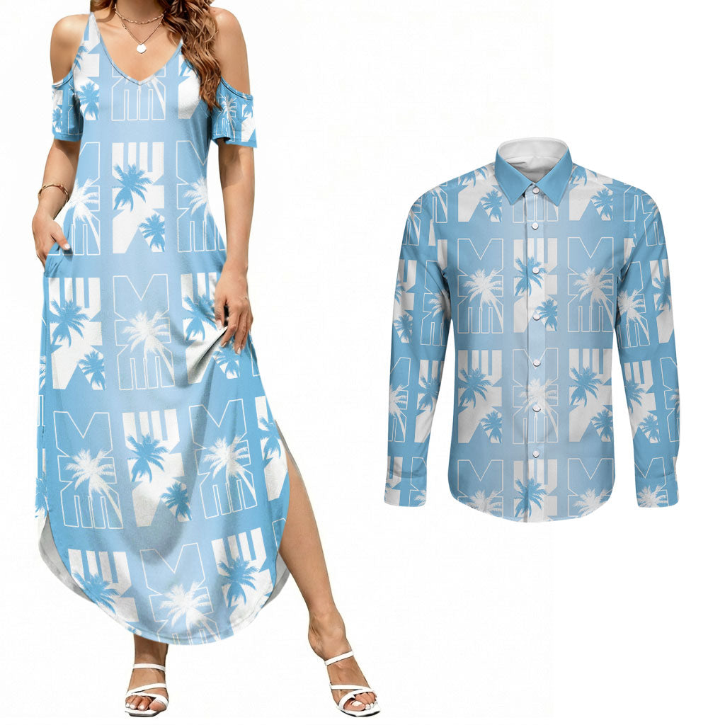 Bula Fiji Couples Matching Summer Maxi Dress and Long Sleeve Button Shirt Blue Makare Masi Tapa Pattern LT05 Blue - Polynesian Pride