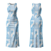Bula Fiji Couples Matching Tank Maxi Dress and Long Sleeve Button Shirt Blue Makare Masi Tapa Pattern LT05 - Polynesian Pride
