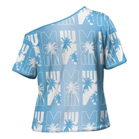 Bula Fiji Cross Shoulder Shirt Blue Makare Masi Tapa Pattern LT05 - Polynesian Pride