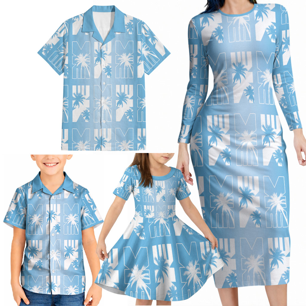 Bula Fiji Family Matching Long Sleeve Bodycon Dress and Hawaiian Shirt Blue Makare Masi Tapa Pattern LT05 - Polynesian Pride