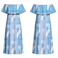 Bula Fiji Family Matching Off Shoulder Maxi Dress and Hawaiian Shirt Blue Makare Masi Tapa Pattern LT05 Mom's Dress Blue - Polynesian Pride