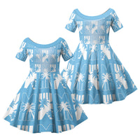 Bula Fiji Family Matching Off Shoulder Maxi Dress and Hawaiian Shirt Blue Makare Masi Tapa Pattern LT05 Daughter's Dress Blue - Polynesian Pride