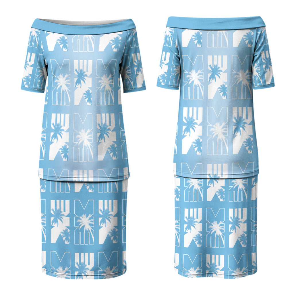 Bula Fiji Family Matching Puletasi and Hawaiian Shirt Blue Makare Masi Tapa Pattern LT05 Mom's Dress Blue - Polynesian Pride