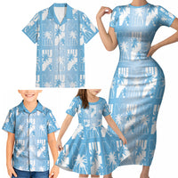 Bula Fiji Family Matching Short Sleeve Bodycon Dress and Hawaiian Shirt Blue Makare Masi Tapa Pattern LT05 - Polynesian Pride