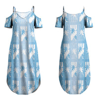 Bula Fiji Family Matching Summer Maxi Dress and Hawaiian Shirt Blue Makare Masi Tapa Pattern LT05 Mom's Dress Blue - Polynesian Pride
