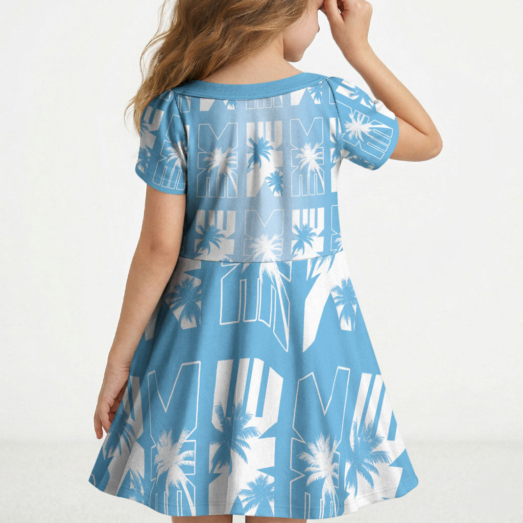 Bula Fiji Kid Short Sleeve Dress Blue Makare Masi Tapa Pattern LT05 - Polynesian Pride