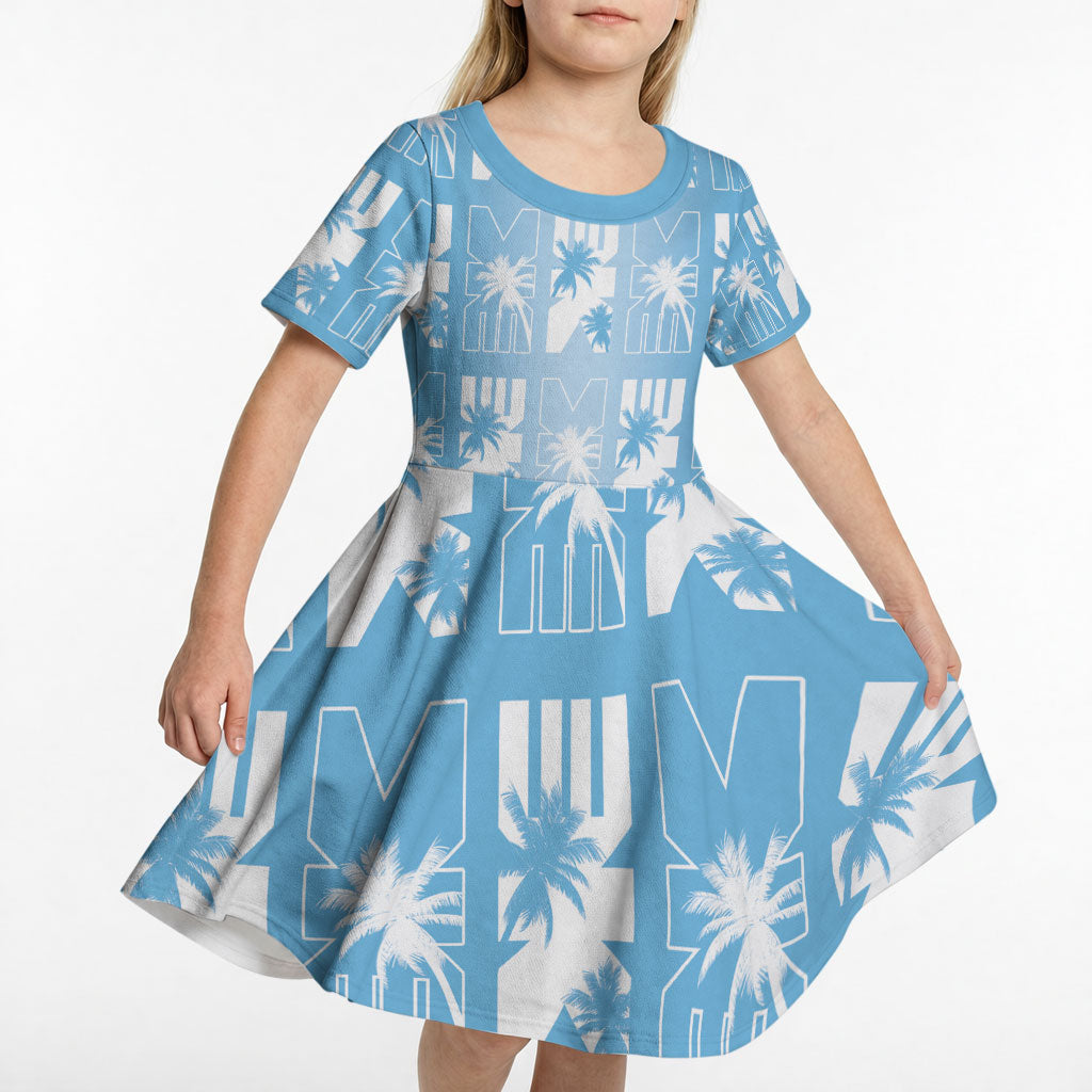 Bula Fiji Kid Short Sleeve Dress Blue Makare Masi Tapa Pattern LT05 - Polynesian Pride