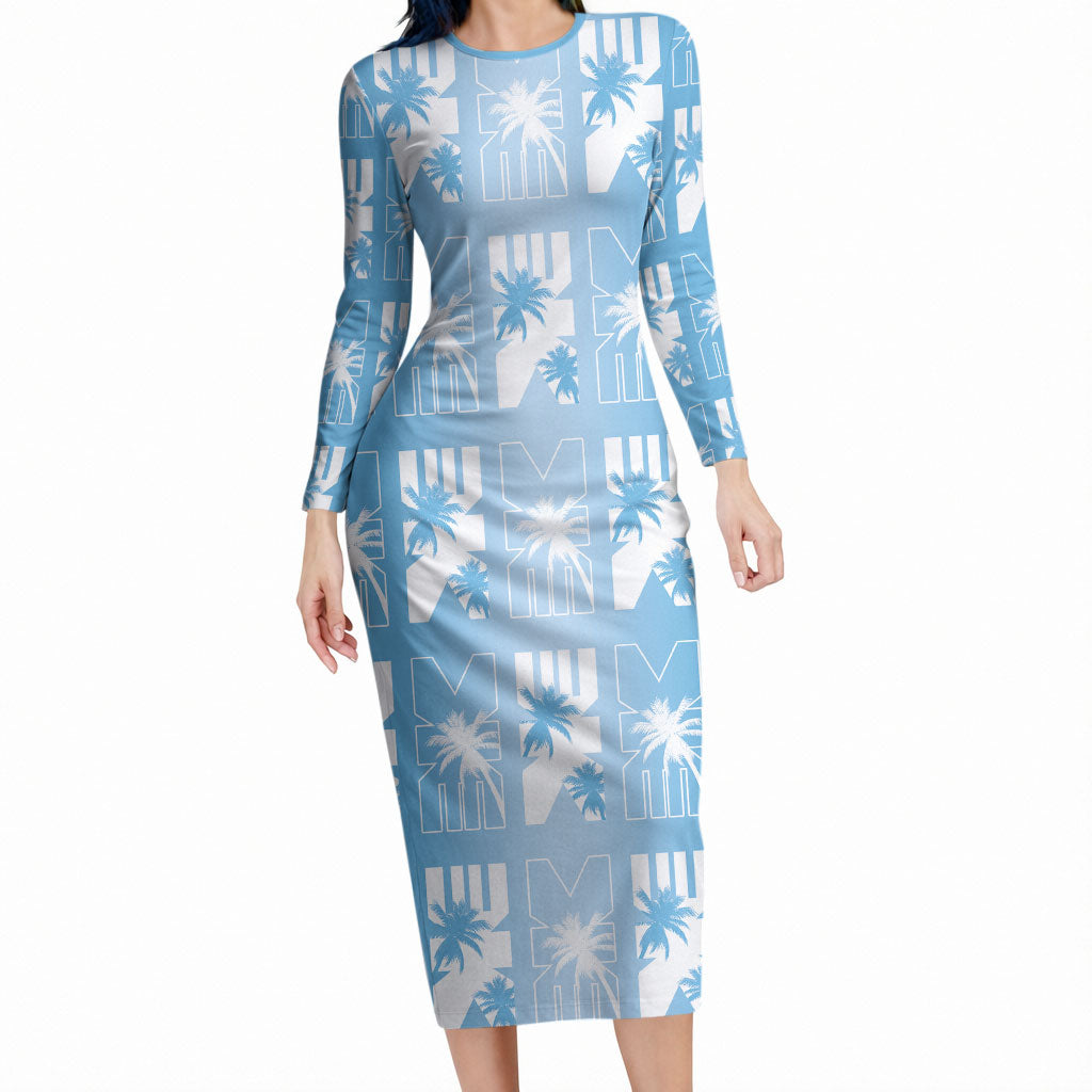 Bula Fiji Long Sleeve Bodycon Dress Blue Makare Masi Tapa Pattern LT05 Long Dress Blue - Polynesian Pride