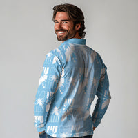 Bula Fiji Long Sleeve Polo Shirt Blue Makare Masi Tapa Pattern LT05 - Polynesian Pride