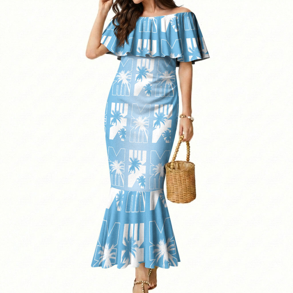Bula Fiji Mermaid Dress Blue Makare Masi Tapa Pattern LT05 Women Blue - Polynesian Pride
