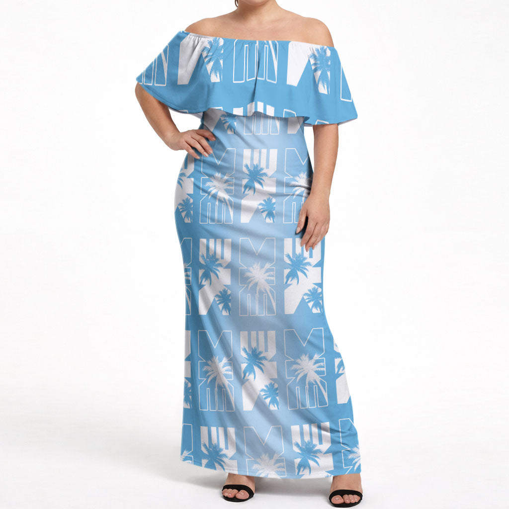 Bula Fiji Off Shoulder Maxi Dress Blue Makare Masi Tapa Pattern LT05 Women Blue - Polynesian Pride