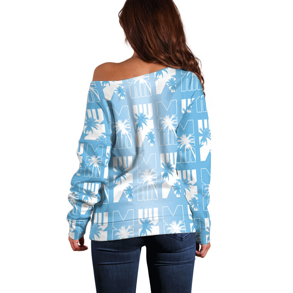 Bula Fiji Off Shoulder Sweater Blue Makare Masi Tapa Pattern LT05 - Polynesian Pride