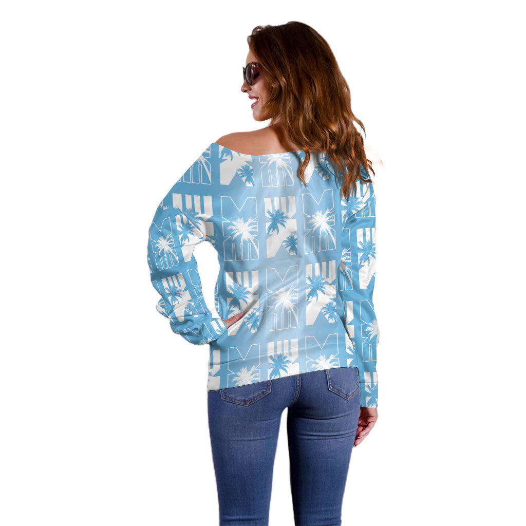 Bula Fiji Off Shoulder Sweater Blue Makare Masi Tapa Pattern LT05 - Polynesian Pride