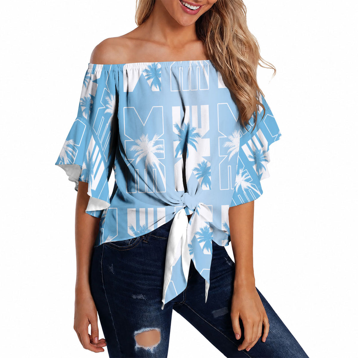 Bula Fiji Off Shoulder Wrap Waist Top Blue Makare Masi Tapa Pattern LT05 Blue - Polynesian Pride