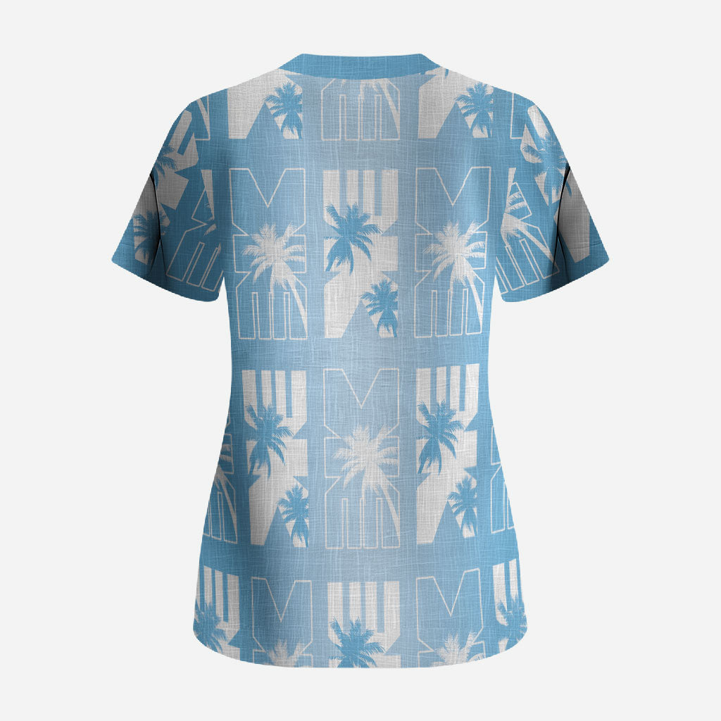 Bula Fiji Scrub Top Blue Makare Masi Tapa Pattern LT05 - Polynesian Pride
