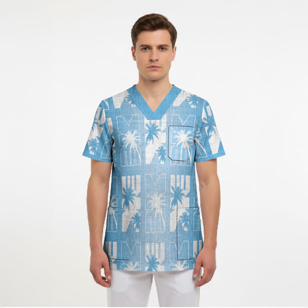 Bula Fiji Scrub Top Blue Makare Masi Tapa Pattern LT05 - Polynesian Pride