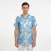 Bula Fiji Scrub Top Blue Makare Masi Tapa Pattern LT05 - Polynesian Pride