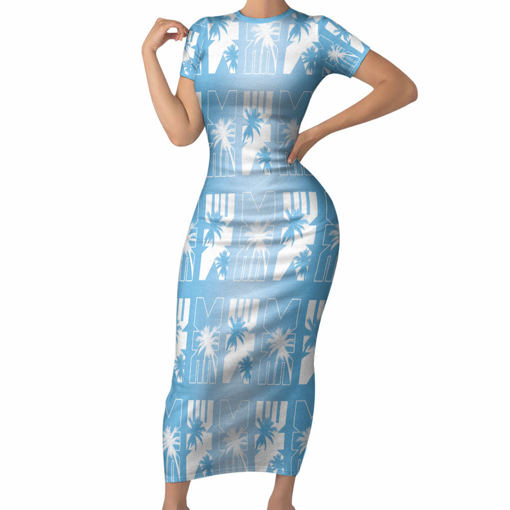 Bula Fiji Short Sleeve Bodycon Dress Blue Makare Masi Tapa Pattern LT05 Long Dress Blue - Polynesian Pride