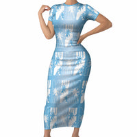 Bula Fiji Short Sleeve Bodycon Dress Blue Makare Masi Tapa Pattern LT05 Long Dress Blue - Polynesian Pride