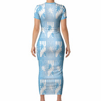 Bula Fiji Short Sleeve Bodycon Dress Blue Makare Masi Tapa Pattern LT05 - Polynesian Pride
