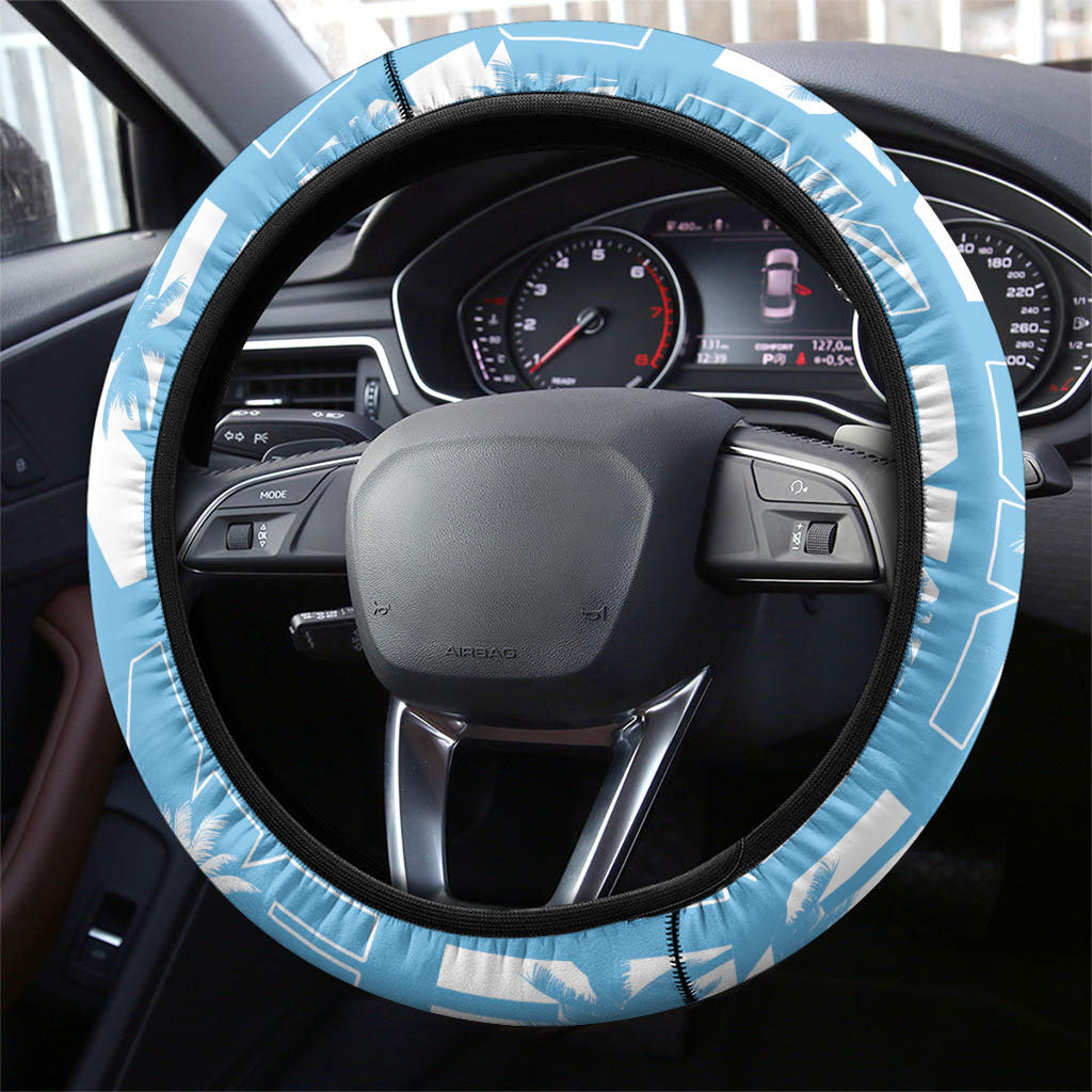 Bula Fiji Steering Wheel Cover Blue Makare Masi Tapa Pattern LT05 - Polynesian Pride