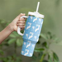 Bula Fiji Tumbler With Handle Blue Makare Masi Tapa Pattern LT05 - Polynesian Pride