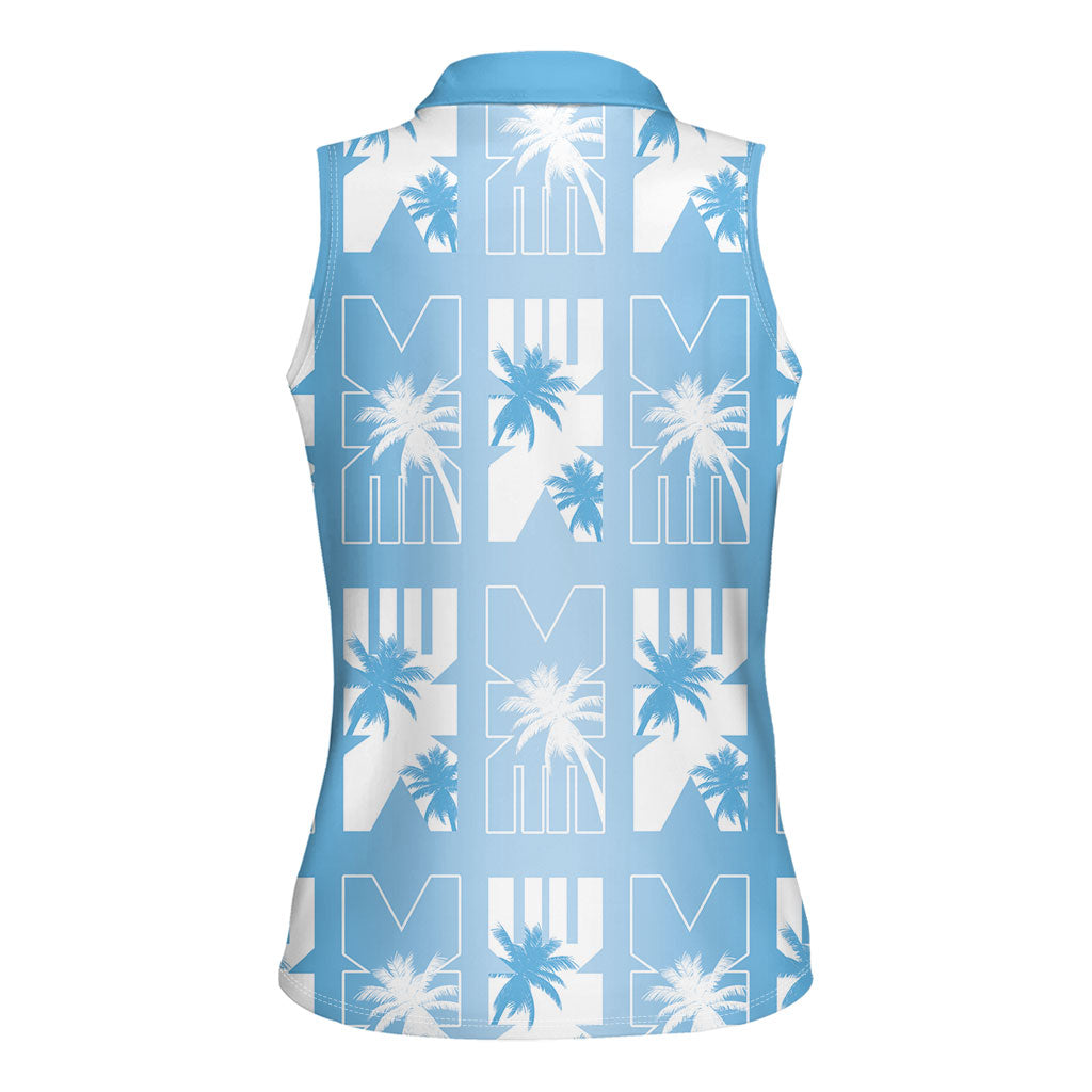 Bula Fiji Women Sleeveless Polo Shirt Blue Makare Masi Tapa Pattern LT05 - Polynesian Pride
